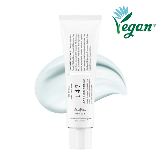 Dr.Althea 147 Barrier Cream tube with soothing cream swirl, enriched with hydrating ingredients, vegan formula.