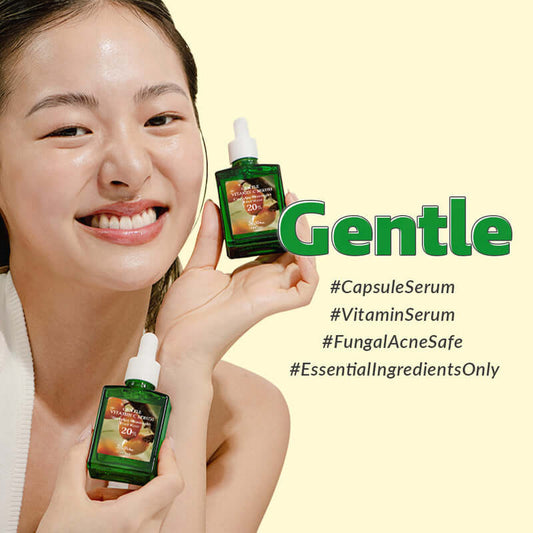 Smiling woman holding Dr.Althea Gentle Vitamin C Serum highlighting its capsule formulation and skin benefits.