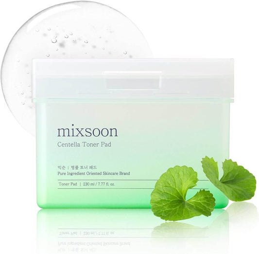 Mixsoon Centella Asiatica Toner Pad packaging with fresh centella leaves, ideal for soothing and hydrating skin.