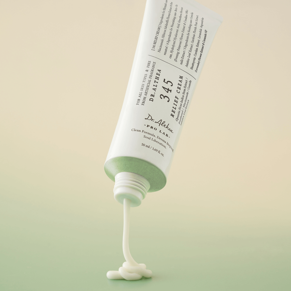 Dr.Althea 345 Relief Cream tube with cream oozing out, designed for post-acne hydration and irritation soothing.
