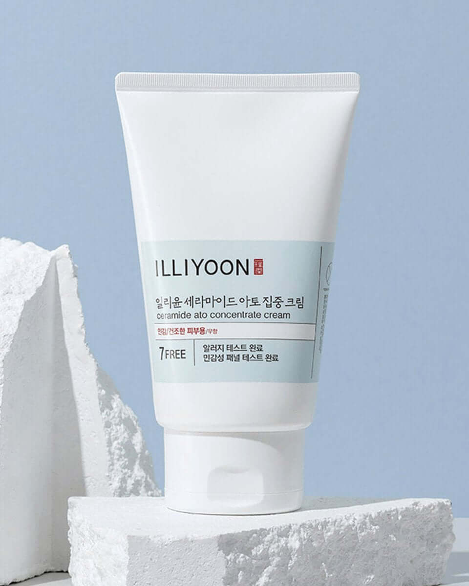 ILLIYOON Ceramide Ato Concentrate Cream tube featuring nourishing ingredients for dry and sensitive skin.