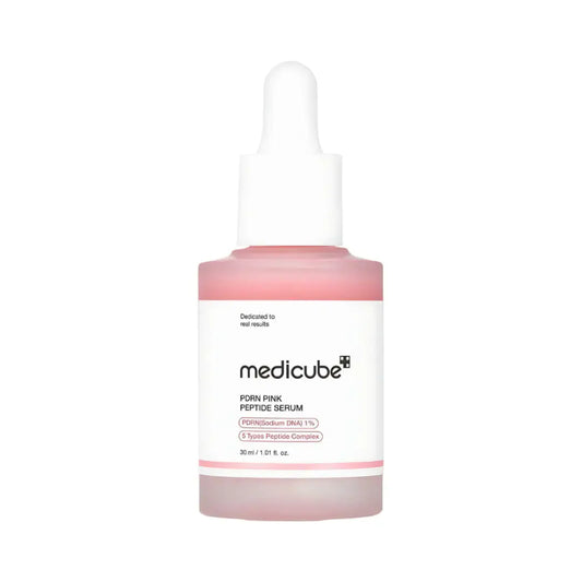 Medicube PDRN Pink Peptide Serum for even skin tone and elasticity, featuring PDRN, niacinamide, and peptides.