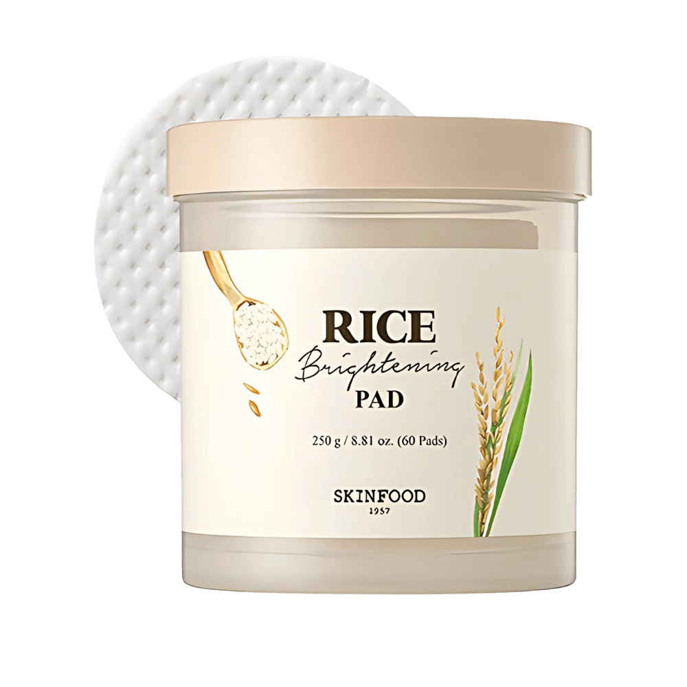 SKINFOOD Rice Brightening Pad jar with pads, infused with rice essence for radiant, clear complexion and exfoliation.