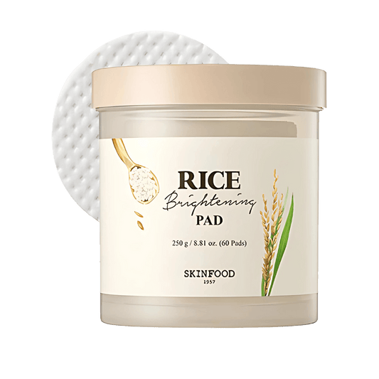 SKINFOOD Rice Brightening Pad jar with pads, infused with rice essence for radiant, clear complexion and exfoliation.