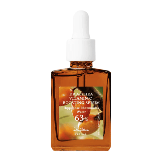 Dr. Althea Vitamin C Boosting Serum in a glass dropper bottle for brightening skin and reducing blemishes.