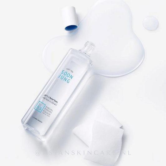 ETUDE HOUSE SoonJung p.H 5.5 Relief Toner in a clear bottle with soothing liquid and cotton pads.
