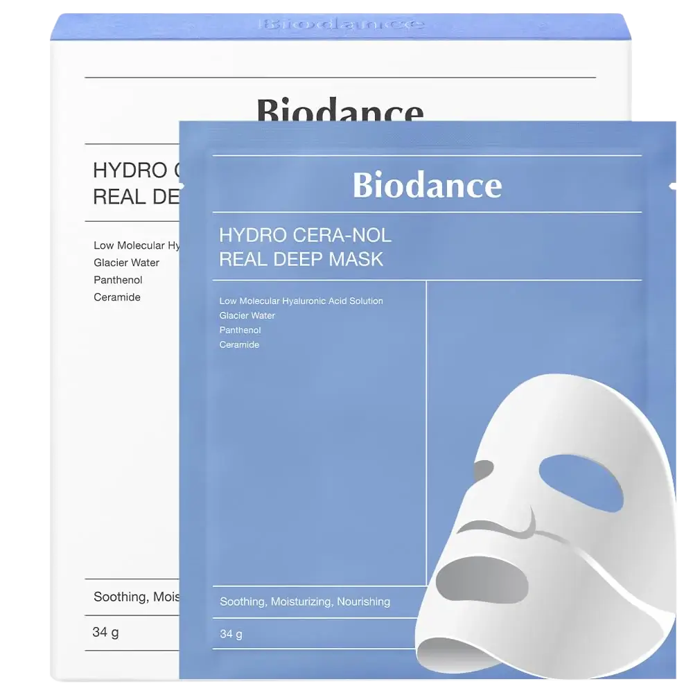 Biodance Hydro Cera-nol Real Deep Mask packaging featuring soothing and moisturizing ingredients for sensitive skin.