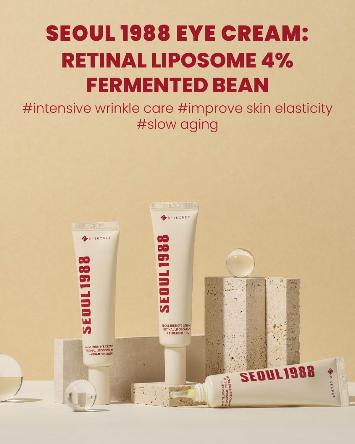 Seoul 1988 Eye Cream featuring Retinal Liposome 4% and Fermented Bean for intensive wrinkle care and improved skin elasticity.
