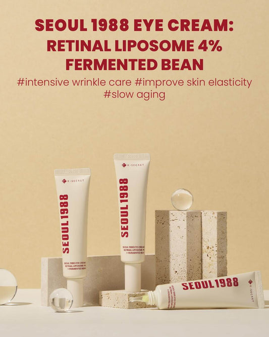 Seoul 1988 Eye Cream featuring Retinal Liposome 4% and Fermented Bean for intensive wrinkle care and improved skin elasticity.