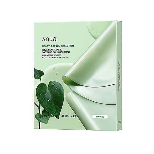 ANUA Heartleaf Soothing Collagen Mask packaging featuring heartleaf and aloe ingredients for soothing and firming skin.