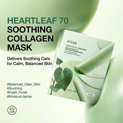 ANUA Heartleaf Soothing Collagen Mask packaging with calming green background for balanced skin care.